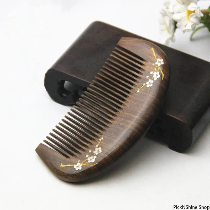 Fine-Tooth Gold Sandalwood Comb, Natural Anti-Static Wood for Scalp Massage and Daily Hair Care, Comb Design