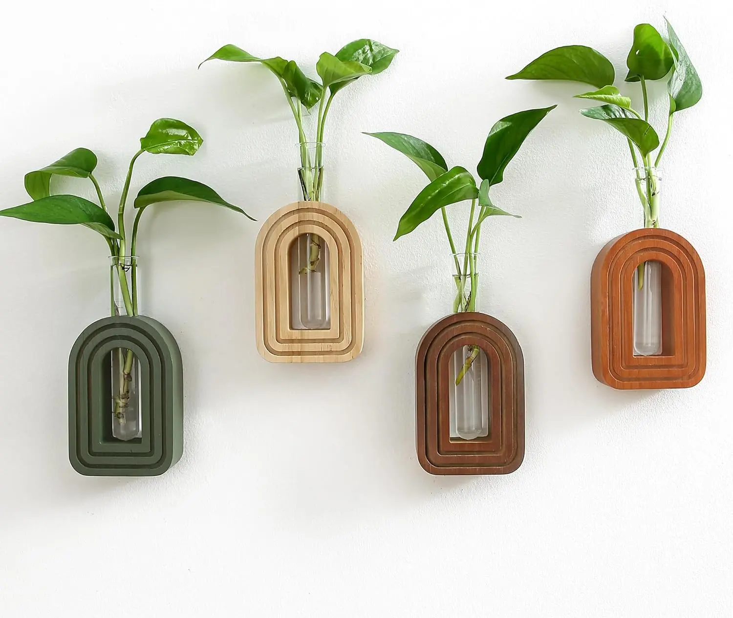 Wood Wall Arched Propagation Vases (Set of 4), Hanging Plant and Flower Vases, Home Decor Boho Wall Decoration for Living Room Bedroom
