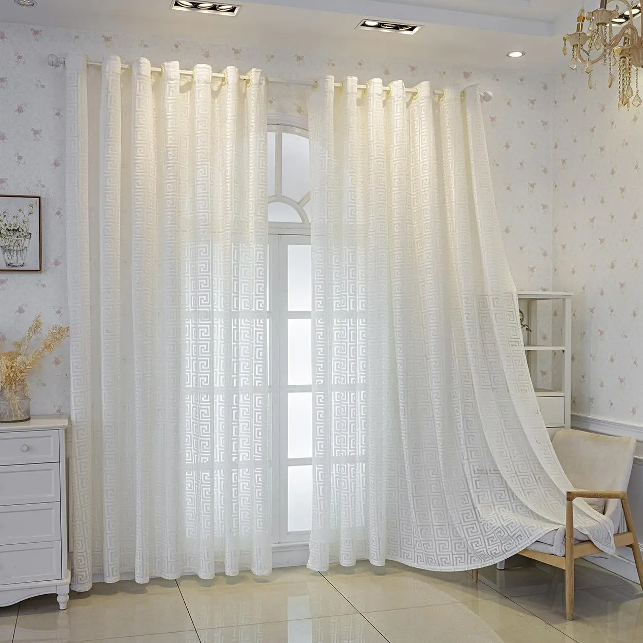 White 2-Panel Light Filtering Window Curtains - Top-Hanging Soft Embossed Jacquard, Breathable, Ideal for Living Room Decorations, Home Decor Ideas