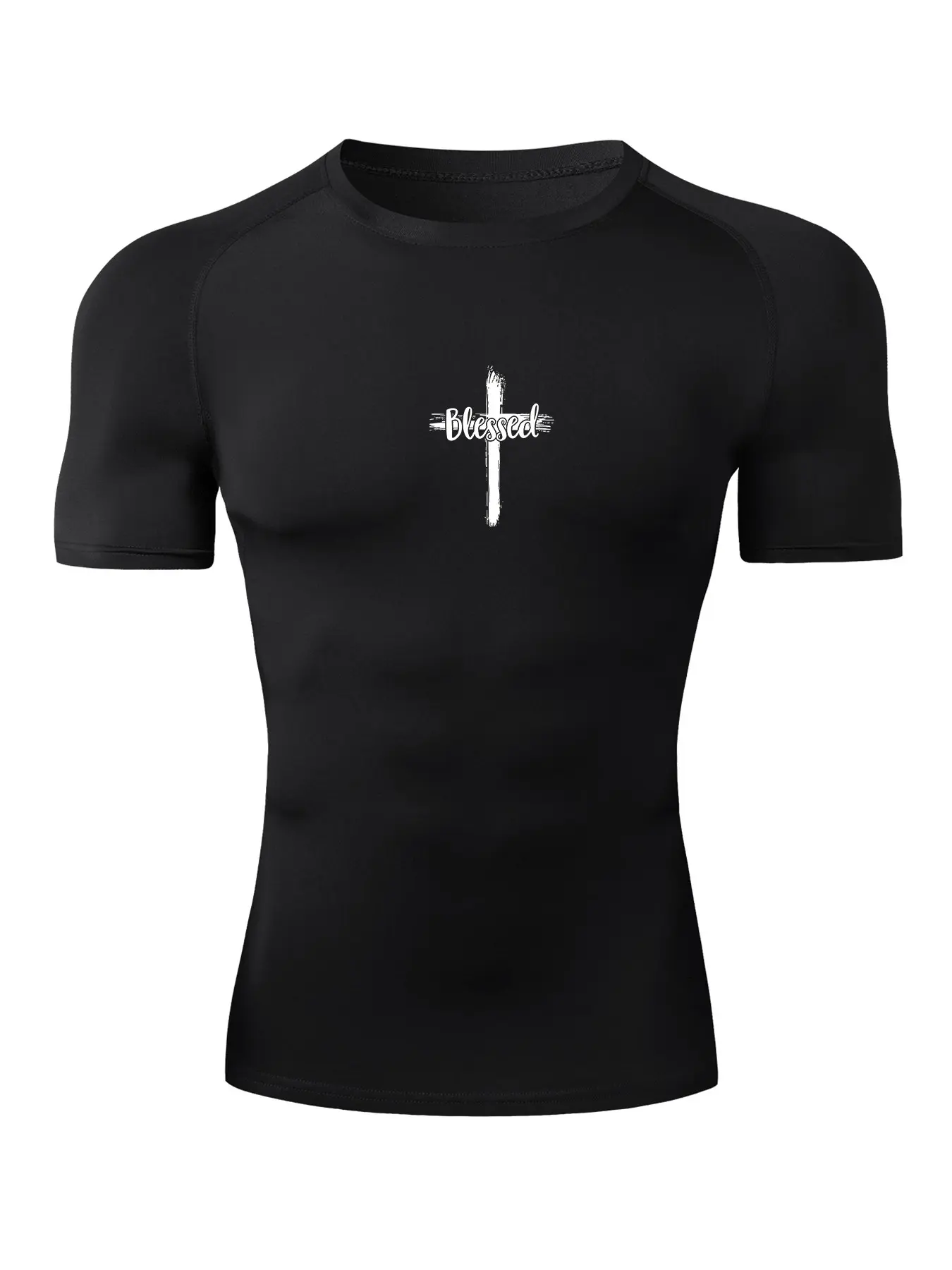 Blessed Cross Print Short Sleeve Compression Shirt for Men, Gym Shirts, Fitness Sport Top, Athletic Workout Clothing, Fitness Top, Summer Quick-Dry Breathable Round Neck T-Shirt, Tight Fit Undershirt Rash Guard