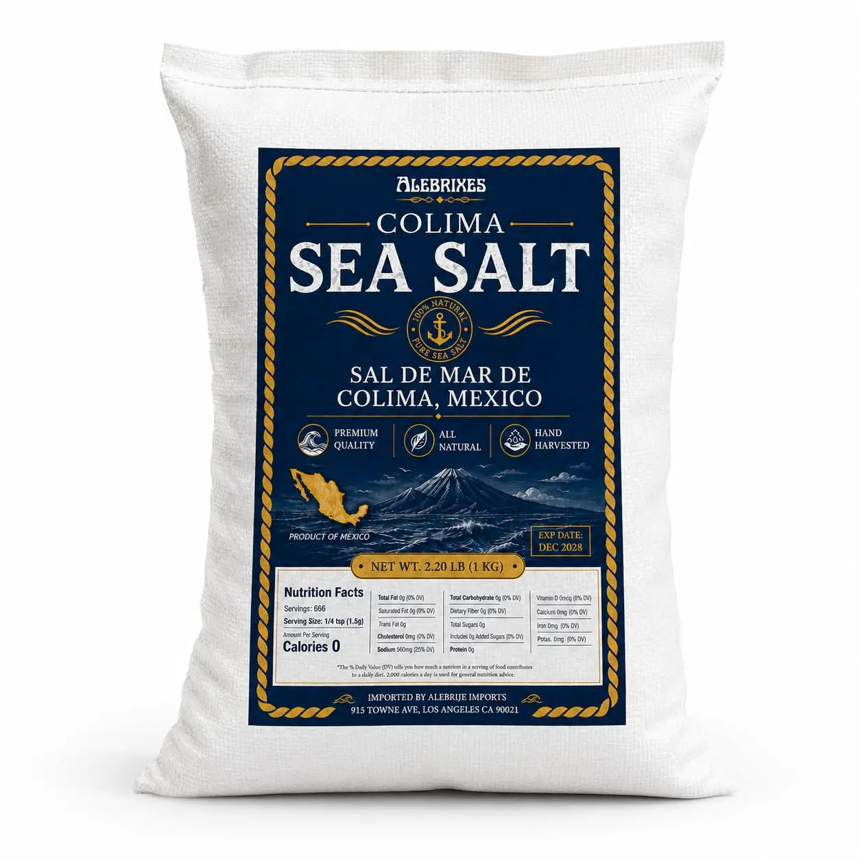 Alebrixes | Premium Grade Colima Sea Salt 2.20 Lb (1 kg) | 100% Natural Sea Salt | Sal de Colima 100% Natural | Imported from Mexico