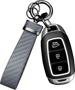 Carbon Fiber Car Keychain Premium Grey Genuine Leather Key Fob with Zinc Alloy D-Ring & Anti-Lost Design for Volkswagen Chevrolet Nissan Honda Jeep Mercedes Toyota Hyundai Land Rover Ford Dodge