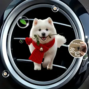 The 2D flat car vent clip features white Samoyed-style design, unscented, with two odorless sponge pads, creates fresh car atmosphere without fragrance, Car Interior Decoration, Car accessories