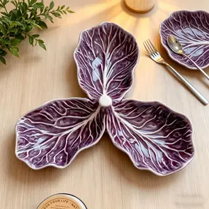 Unique Cabbage Ceramic Tray, Three-Compartment Cabbage Leaf Divided Plate, Multi-Functional Kitchen Dishware, Perfect Party Gift