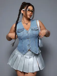 ICON Plus Size Summer Slim Fit Sleeveless Denim Top With Front Buttons