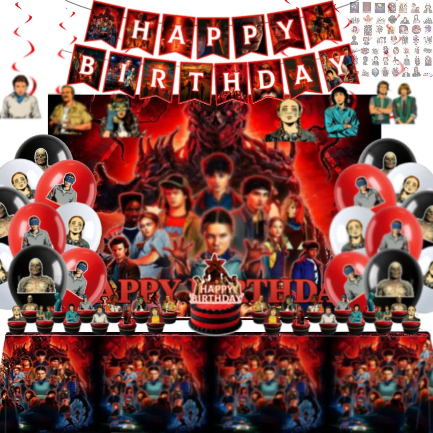 125PCS Party Stranger Birthday Decorations Supplies Kit Includes Banner Balloons Hanging Swirls Cake Cupcake Toppers Tablecloth Backdrop Stickers Themed Decor Boys Girls Things Theme