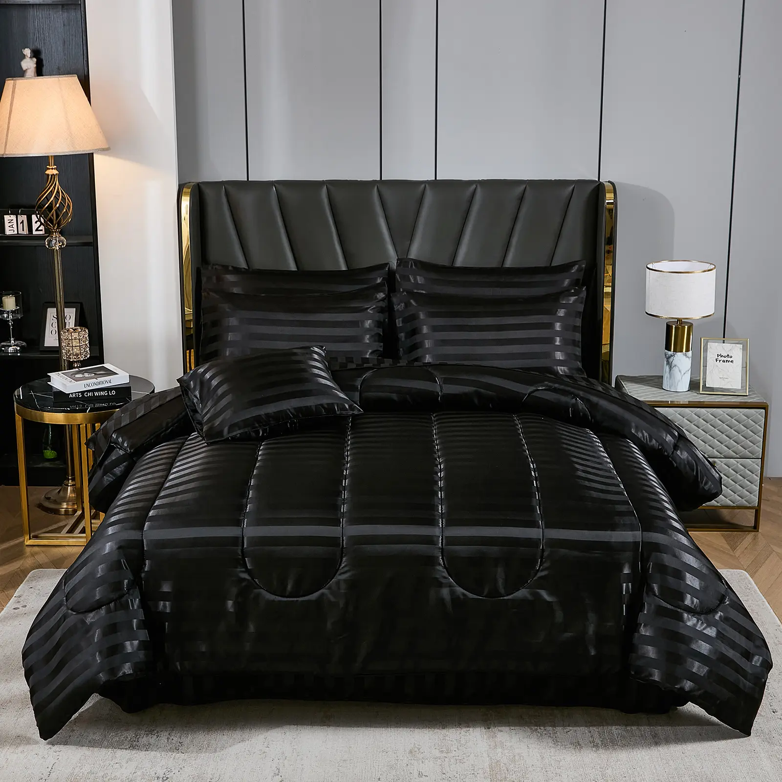 Black Satin Bed in a Bag 8 Pieces Queen Size Solid Stripe Comforter Set Luxury Silky Bedding Set Soft Lightweight Comforter Set Cooling Bed in a Bag
