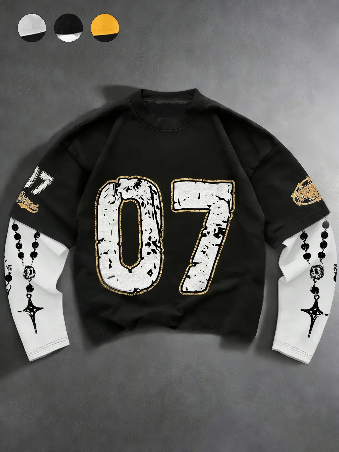 Unisex '07' Graphic Print Fitted Long Sleeve T-Shirt, Loose Vintage Number Pattern, Beaded Sleeves, Street Style, Streetwear, Casual Party, Concert