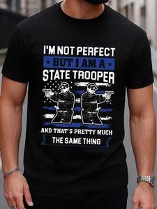 Men's State Trooper Badge Print T-Shirt - 180g 100% Cotton Black Casual Style, featuring badges and patrol car graphics, short sleeves, crew neck, suitable for all seasons, ideal gift for highway patrol enthusiasts.
