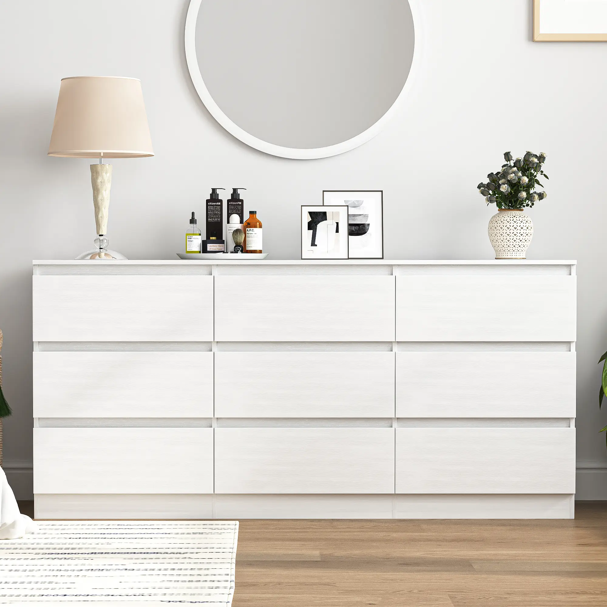 Sturdy Modern 9-Drawer Wood Bedroom Dresser - 59" Wide Indoor Storage Cabinet, Office Storage Unit, Smooth Sliding Drawers, Anti-Tip Safety Design, Waterproof Top, Assembly Required