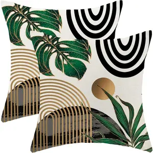 Boho Pillow Covers 18x18 Set of Mid Century Green Black Gold Tropical Leaf Throw Pillow Covers, Bohemian Farmhouse Decorative Cushion Cover for Home Couch