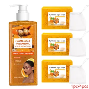 Turmeric Vitamin C Scrub Shower Gel, Bath Shower Gel, Turmeric Body Wash, with Lemon Turmeric Soap Set, a natural body cleanser that makes skin soft, radiant, and moisturizing, Body Care, Cleansing, Suitable for all skin types, men and women