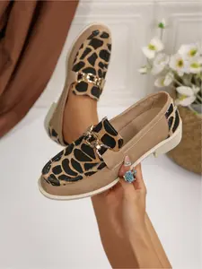Leopard Print Loafers for Women - Slip-On Low Block Heel Casual Flats with Metal Buckle