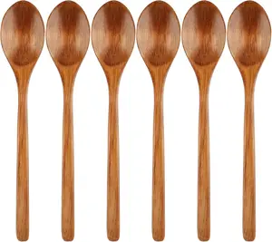 6 count Wooden Spoons, 9 Inch  Soup Spoons for Cooking Mixing Eating,Oval Long Handle Spoon for  Jam Coffee Sugar Ice Cream and Bath Salts