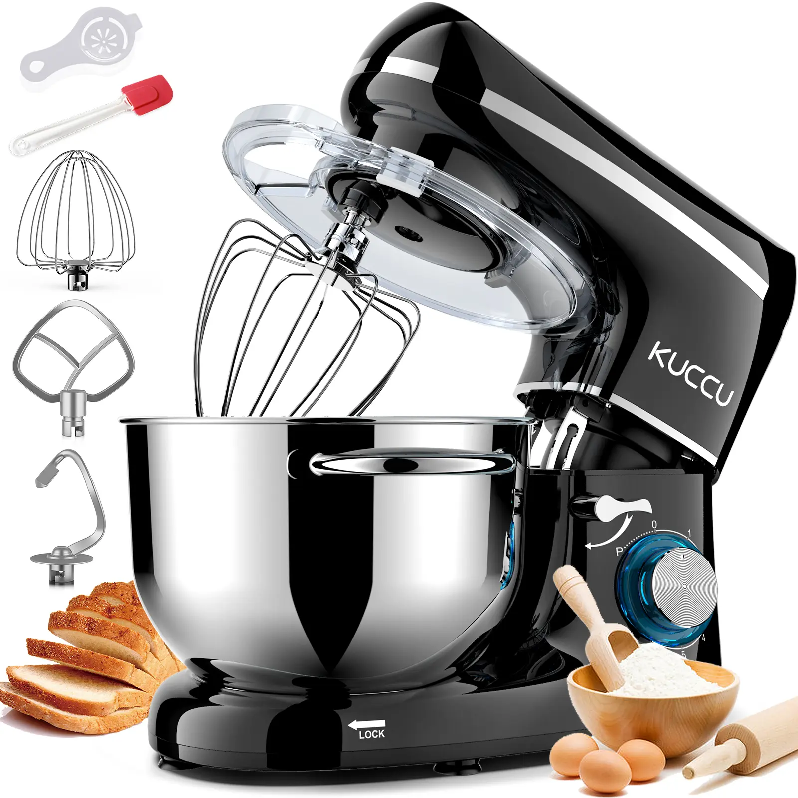 660W Tilt‑Head Electric Stand Mixer, 6.5QT Stainless Steel Bowl 6+ Speed Vertical Kitchen Food Dough Mixer, Includes Dough Hook, Mixer Beater, Whisk & Egg White Separator for Baking