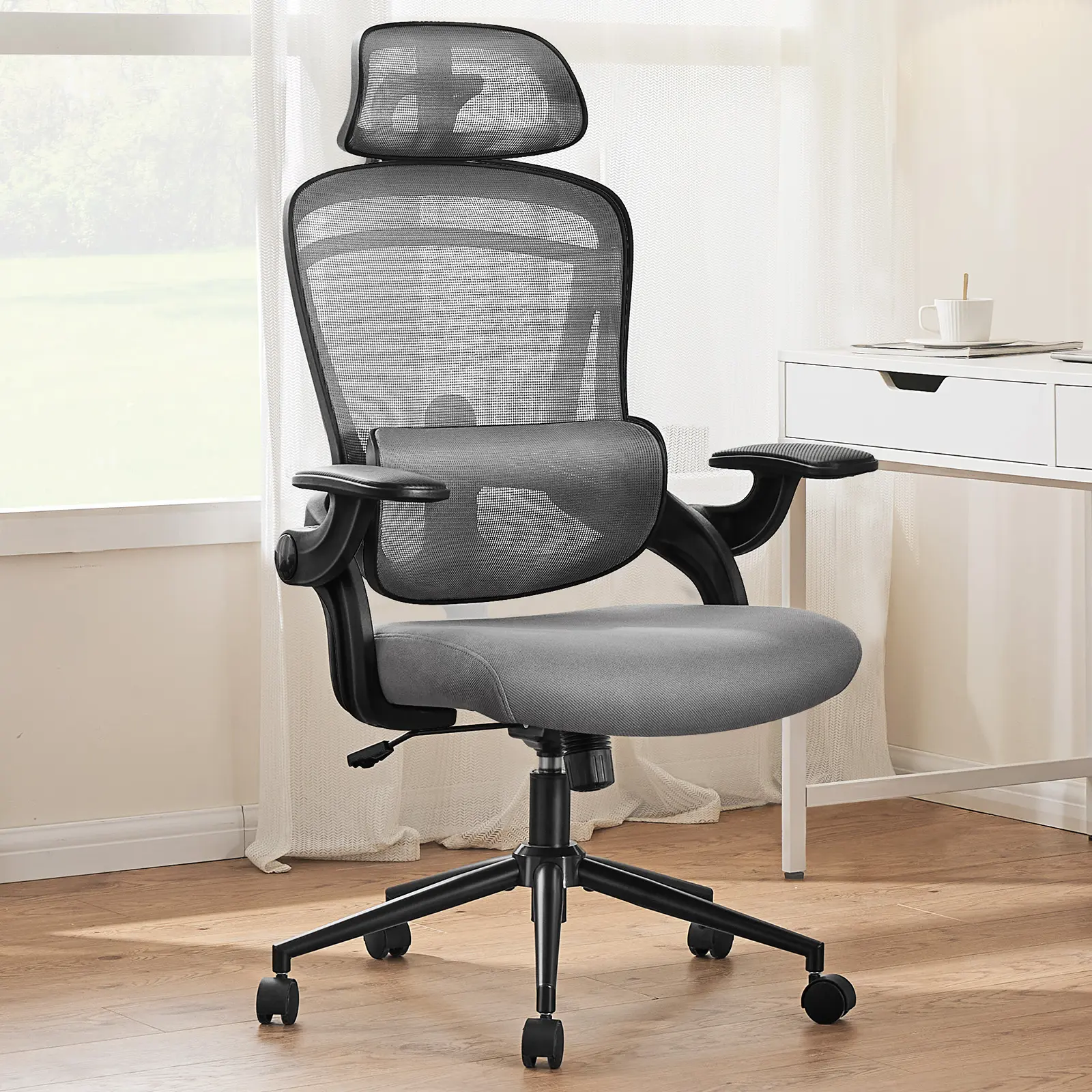 Modern High Back Mesh Office Chair with Wheels - Adjustable Lumbar Support, Headrest, Height, Soft Flip-Up Arms, 120° Tilt Swivel, Seat Lock, Space-Saving, Relieve Fatigue, Assembly Required Commercial Conference Seating