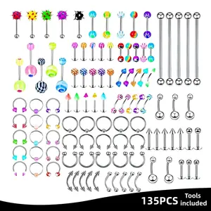 135PCS Piercing Jewelry Set – Trendy Must Have – 316L Surgical Steel, Hypoallergenic, Nickel Free – 14G 16G 18G – Fashion Earrings for Nose, Tongue, Belly Button, Eyebrow, Lip, Cartilage Rings Color Assorted