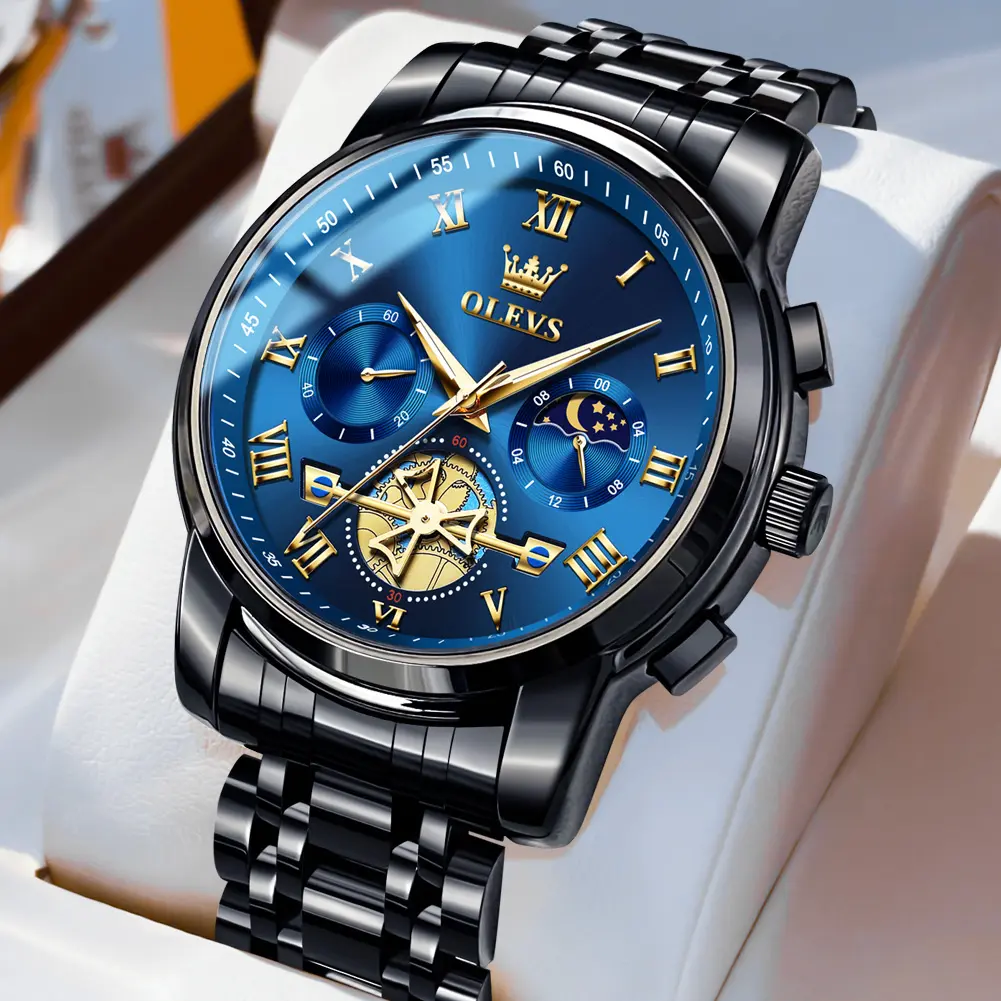 OLEVS Men's Casual Stainless Steel Watch 42mm Dial Waterproof Calendar Moonphase Chronograph Date Analog Quartz Men's Gift