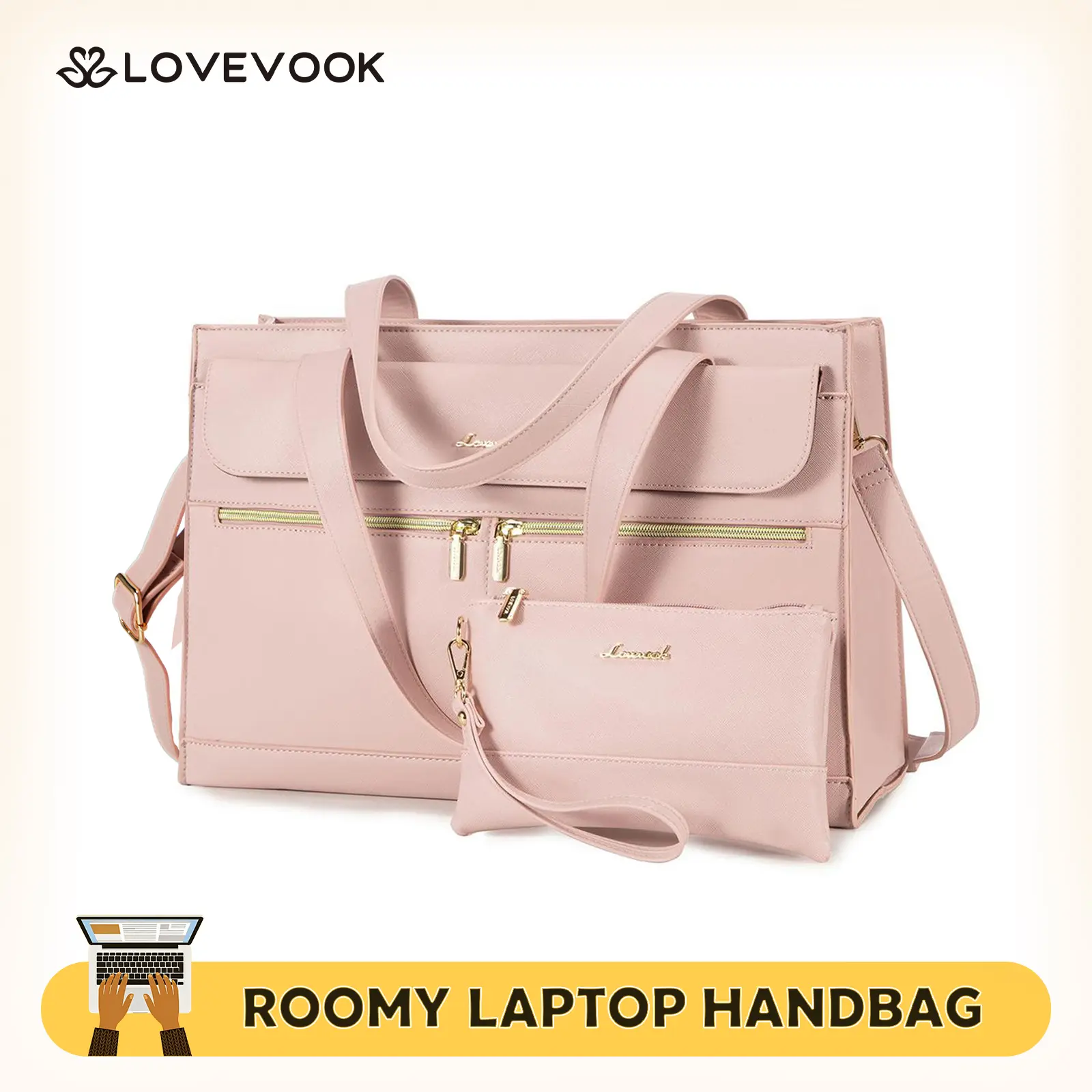 LOVEVOOK Laptop Tote Bags 15.6-17.3 inches for Woman with Clutch Purse, Large Business Teacher Office Crossbody Purse with 2 Cup Holder, Compact Waterproof Vegan Leather Shoulder Bags and Computer bag for Work, Office, Casual TikTokShopBackToSchool