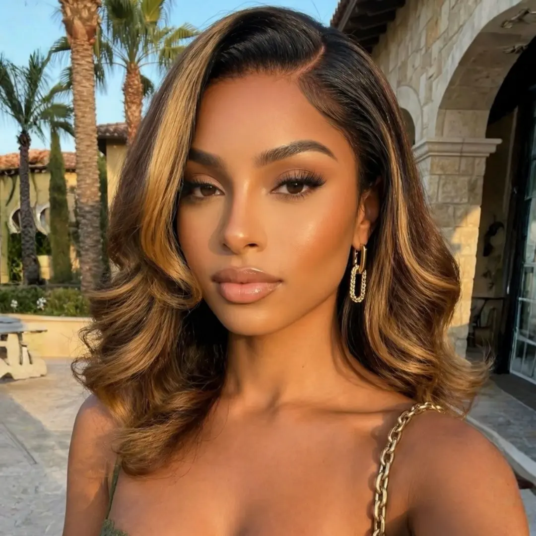 Salon Style at Home-Sunber 7x5 Pre-Everything Brown Highlights Dark Root Body Wave Lace Frontal Wig Beginner-friendly Layers & Shoulder Flip-Out Curls Glueless With Drawstring No-Fuss Ready to Wear Pre Cut Pre Bleached Pre Plucked