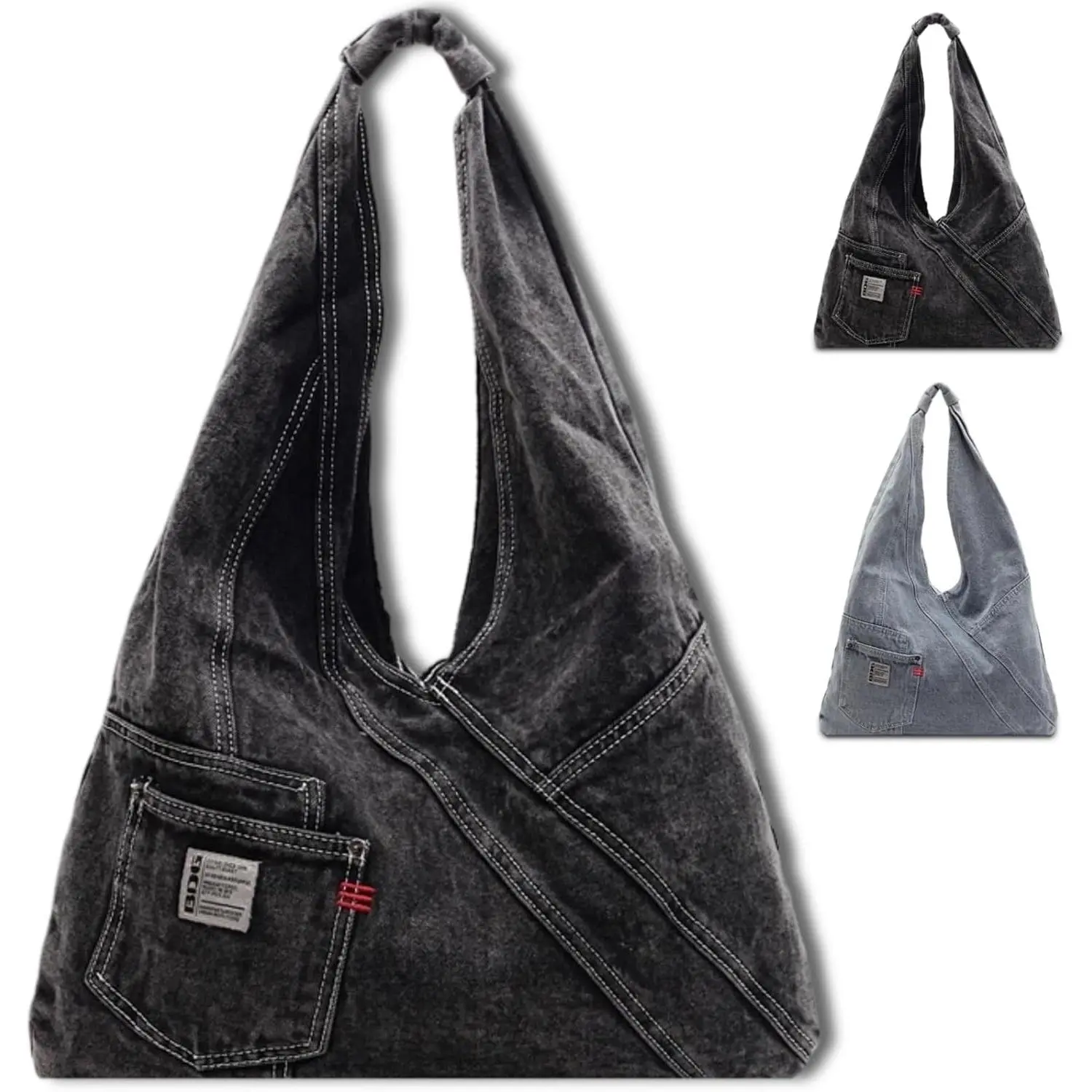 Women's Denim Hobo Bag - Solid Pleated, High-Capacity, Lightweight, Multi-Compartment Casual Shoulder Handbag with Adjustable Strap, Kiss Lock for Travel, Commute, Plain, Retro, Top Handle, Adults, Aesthetic Shoulder Bag, Commuting Shoulder Bag