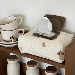 🧸 Cute Bear Embroidery | 1 Pc Fabric Tissue Box Cover | Quilted Cotton Hanging Napkin Storage Organizer