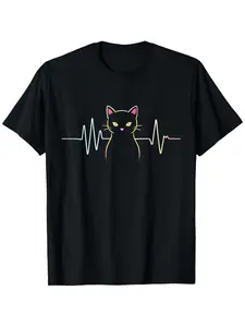 Heart beat pattern T-shirt for cat lovers-Cute black round neck T-shirt with yellow lines-Soft everyday shirt for women and men-All season casual top for pet..., moisture-wicking, artistic print, unisex fit, daily wear
