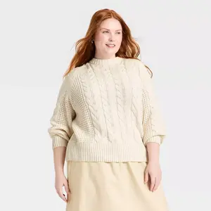 Women's Long Sleeve Round Neck Cable Sweater - A New Day Cream XXL