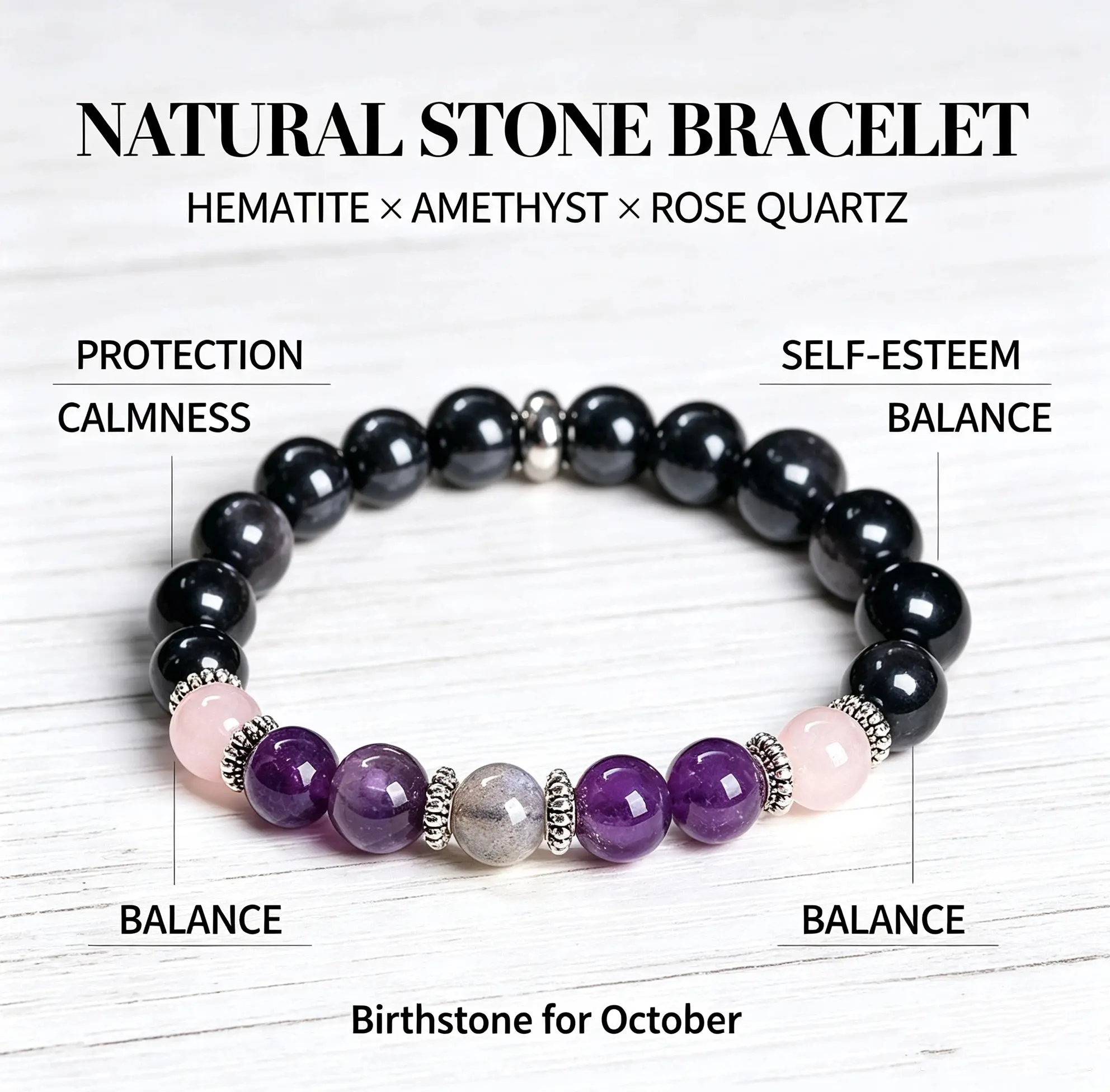 Hematite Amethyst Rose Quartz Mixed Bead Bracelet, Grounding & Love Crystal for Daily Wear, 8mm