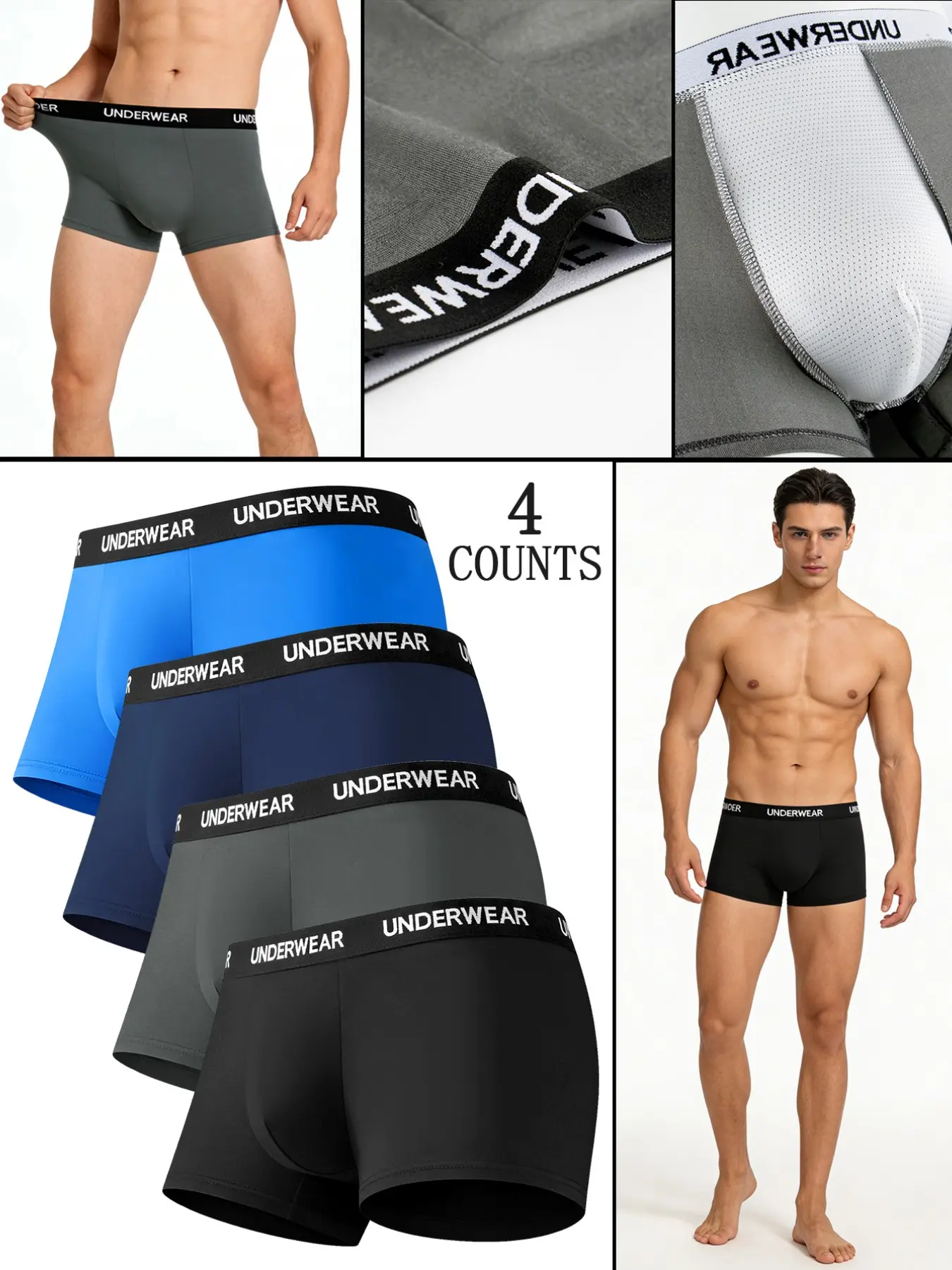 4 pcs Men's Solid color leisure flat cornered underwear, Soft - loose men's underwear, Men's underwear suitable for Four Seasons and daily wear - fashionable - comfortable Men's underwears. Suitable for attending weddings, Men's innovative underwear.