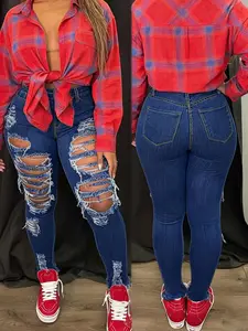 Women's Sexy Plus Size Trendy Fashion Tight Fit Ripped Jeans, Casual Plain Denim Jeans for All Seasons, Stylish Ladies' Clothing