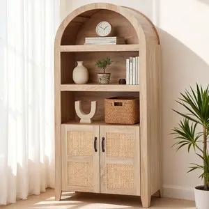 72'' Arched Storage Cabinet with Beech-Rattan Door Tall Arched Pantry Bookshelf Adjustable Shelves Modern Farmhouse Wooden Bookcase Pantry Cabinet