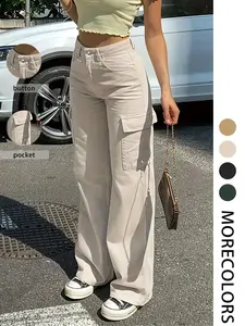 Women’s plain cargo pants with flap pockets, casual street retro straight-leg trousers for everyday wear, ladies’ bottoms for spring and fall