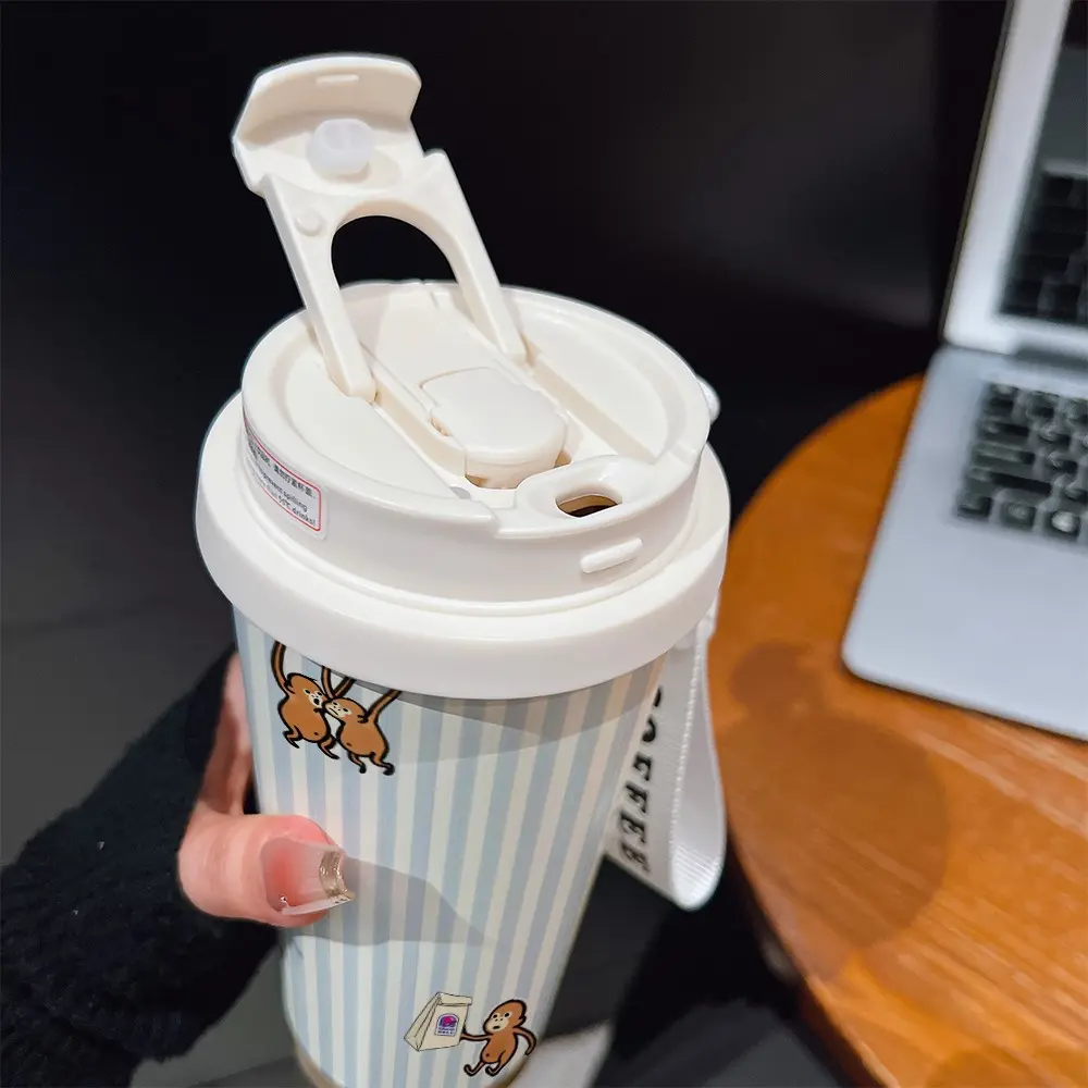 Coffee Cup 530ML Insulated Travel Mug, Cartoon Monkey Design, Dual-Layer Thermal Flask, Reusable for Coffee Tea Cold Drinks