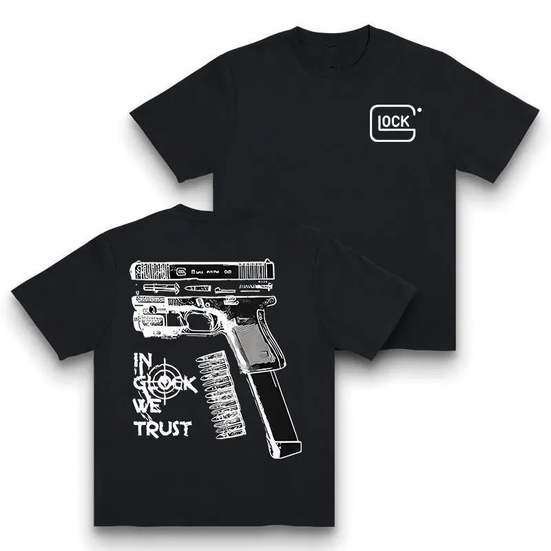 Unisex Round Neck Soft Fabric Graphic Top - Short Sleeve Menswear, Fashion Apparel Clothes for Firearm Enthusiasts (Glock Gun Culture), Fitted Machine-Washable Streetwear, Gifts for Boyfriends, Mens Clothing, Graphic Tees
