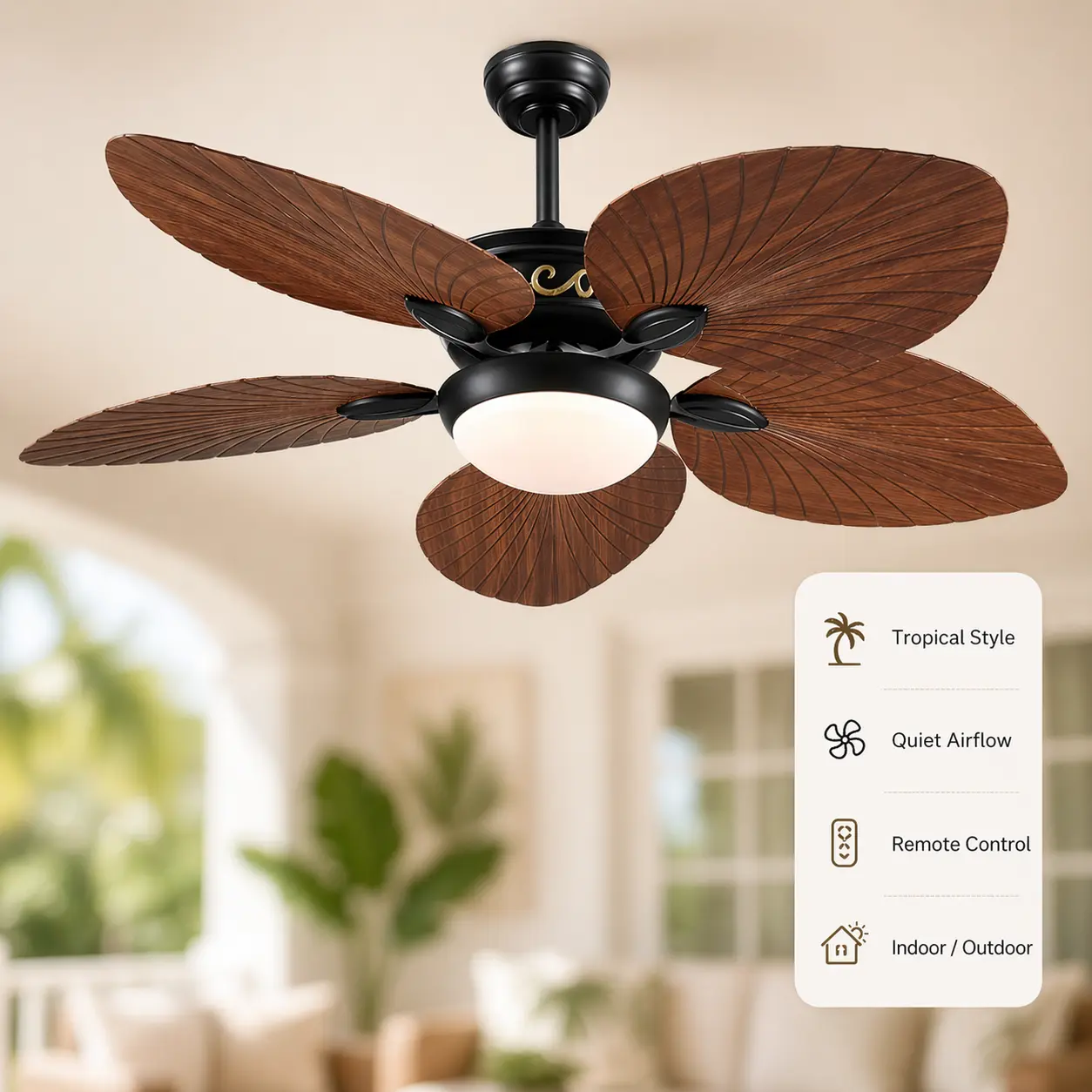 Kviflon 44"/52'' Palm Leaf Ceiling Fan with Light, Tropical Indoor Outdoor Ceiling Fan, Remote & APP Control, Quiet 6-Speed DC Motor for Bedroom Patio Porch-8230