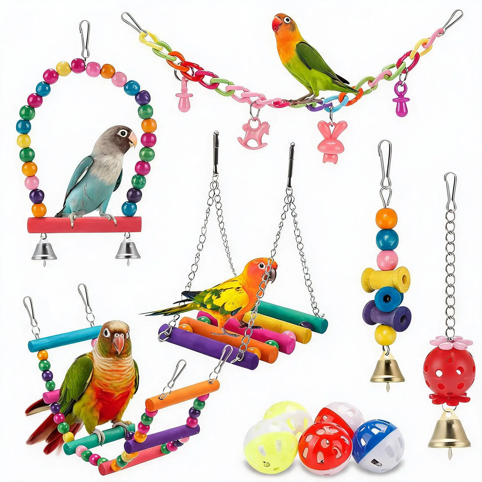 Interactive Bird Cage Toy Assortment – Colorful Wooden Swings, Climbing Ladders, and Bells for Exercise and Entertainment – Ideal for Small to Medium Parrots and Parakeets