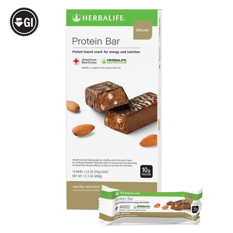 Herbalife Deluxe Vanilla Almond Flavor Protein Bar, 14 Bars per Box, Chocolate-Coated Chewy Sweet Snack for Adults, 10g Protein, Almonds Included, Protein Sweet Snack