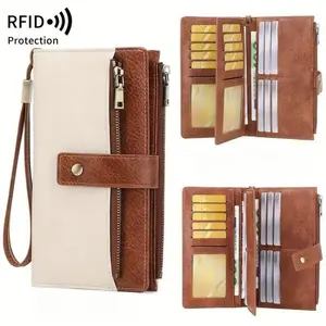 Women’s Long Leather Wallet RFID Blocking Trifold Clutch with Wristlet Zipper Pocket Card Slots Slim Large Capacity Organizer for Everyday Use