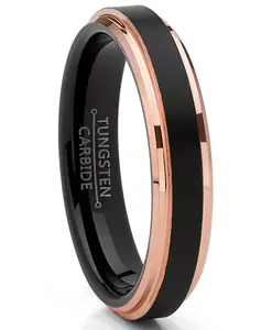 Men's Tungsten Carbide Black Brushed Wedding Band Rose Goldtone Ring Comfort Fit 4mm