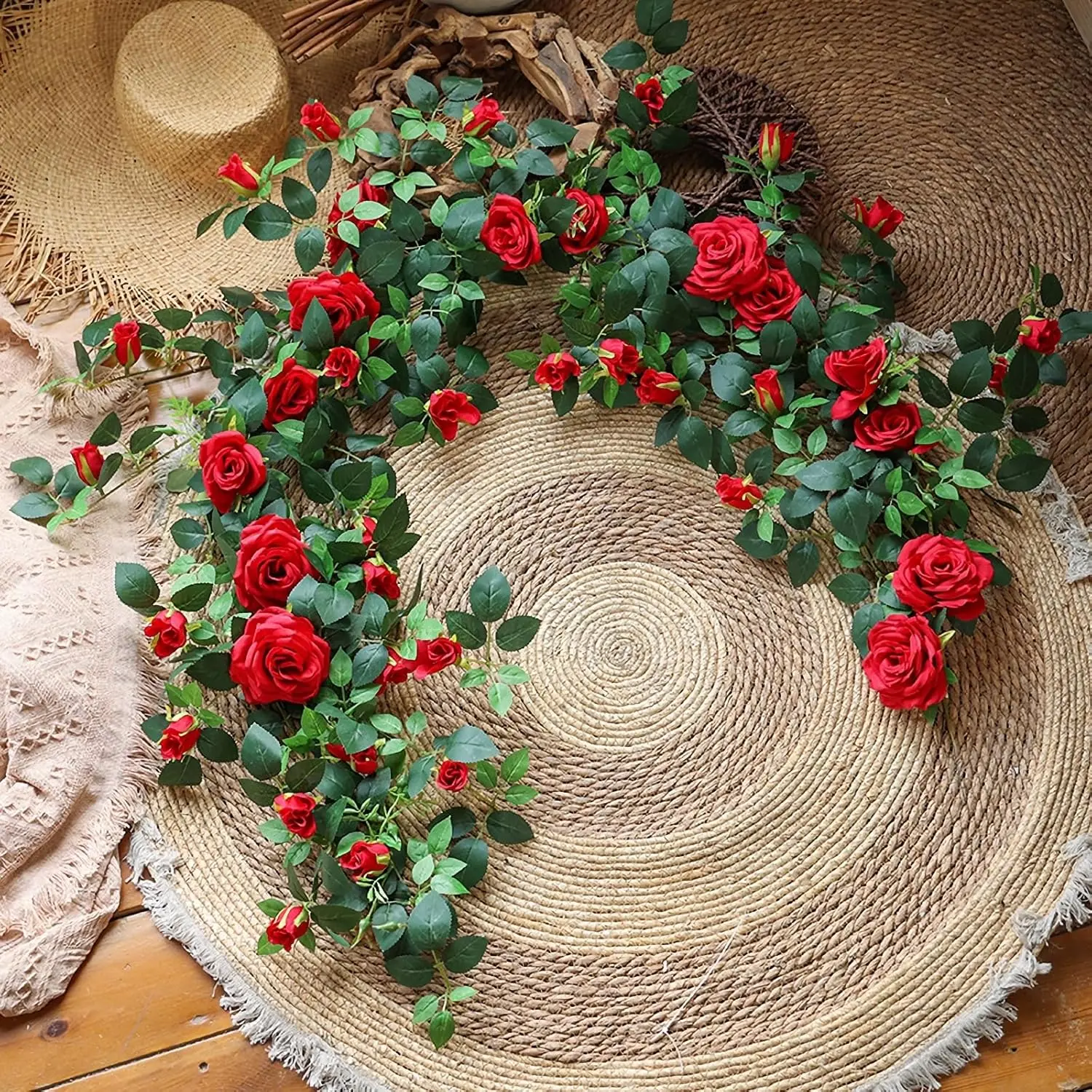 6 FT Hanging Artificial Rose Vine Garland - Lifelike Fake Greenery Ivy with Artificial Pink Flower Arrangement, Home Decor for Bedroom Wall Decor, Romantic Touch for Weddings, Indoor Outdoor Ornaments, Garage, Lifelike Look