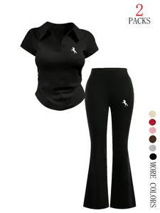 Women's Y2K Style Slim-Fit Two-Piece, Faux Lace Bow Print Top & Flared Pants Set Outfit, Perfect for Summer Casual Wear, Womenswear, Shirt