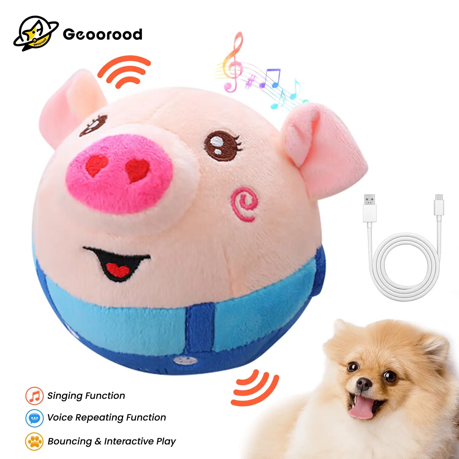 Geoorood USB-Rechargeable Interactive Pig Toy for Small & Medium Dogs – Bouncing, Singing, Voice-Repeating Plush Ball with Washable Cover (Red/Blue). Charge with a 5V 1A charger.