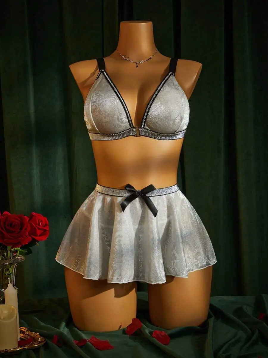 3pcs Sexy Shiny Front-Open Plus Size Lingerie Set Sexy Lingerie For Women,Adult,Honeymoon,Hot,Date Night,Lingerie,Playsuit, Lace Sexy Outfit