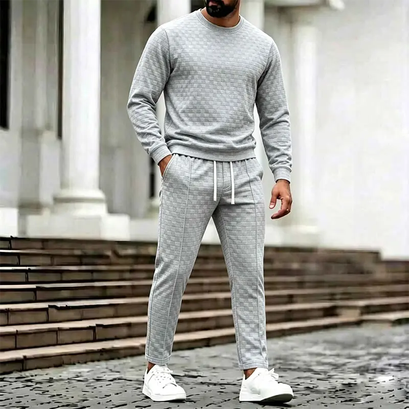 Men's 2-Piece Breathable Clothes Set, Light Gray Check Subtle Texture Jacquard Crewneck Long-Sleeve Top, Straight-Leg Casual Sweatpants, Solid Color, White Drawstring Elastic Waistband, Understated Luxury