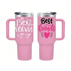 40 Oz Best Friends Forever Tumbler With Handle And Straw Lid - Stainless Steel Insulated Travel Mug, Pink BFF Quote Coffee Cup For Besties, Keeps Cold/Hot