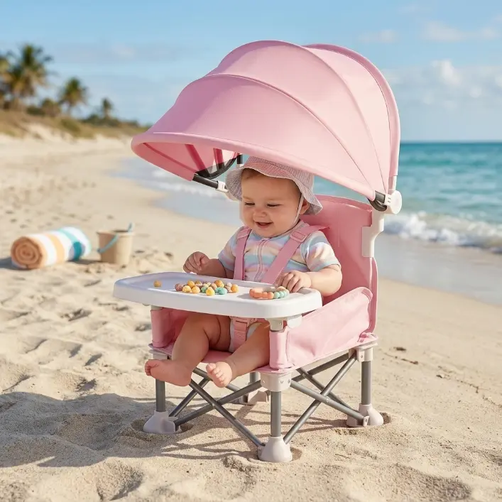 Foldable dining chair for children with storage bag and tray, removable ceiling for outdoor and indoor use