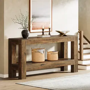 LITTLE TREE 63-Inch Narrow Long Console Table for Living Room Rustic Farmhouse Wood Entryway Table with 2-Tier Shelves for Hallway Sofa Entry Foyer