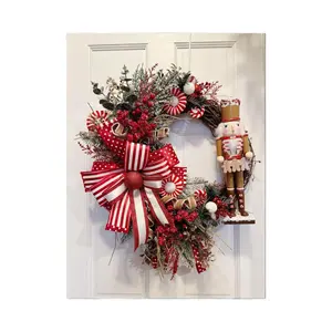Nutcracker Christmas Wreath, Nutcracker Wreath, Red and White Peppermint Wreath, Candy Cane Holiday Decor, Gingerbread Ribbon Door Wreath