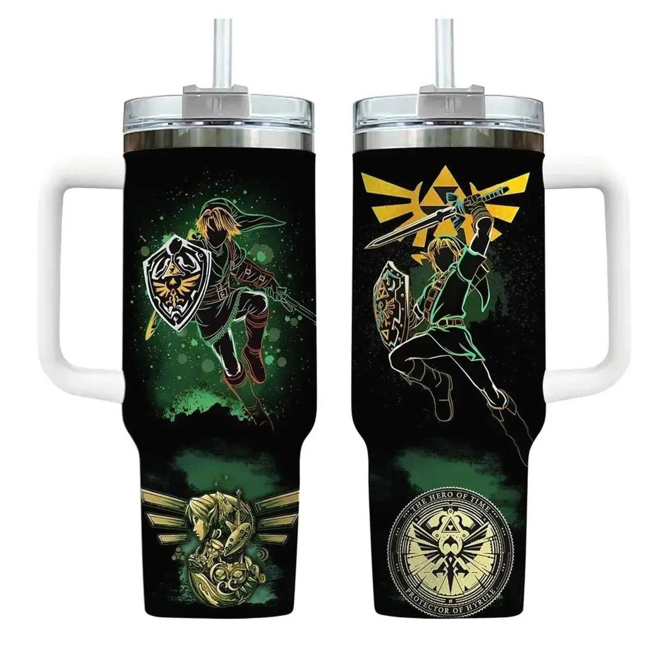 Zelda Protector of Hyrule 40 oz Stainless Steel Tumbler, Legend Classic Video Game Mug with Handle, Insulated Green Link Travel Cup, Nostalgic Gaming Holiday Drinkware, Leak Proof Cold Water Flask with Straw, Unique Gamer Geek Memorabilia Gift